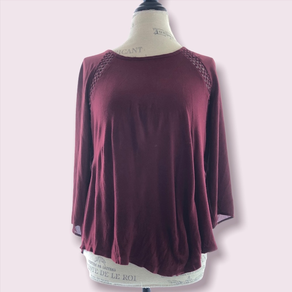 Ann Taylor Loft Red Lace Arm Red Blouse Polyester Silky Sleeves